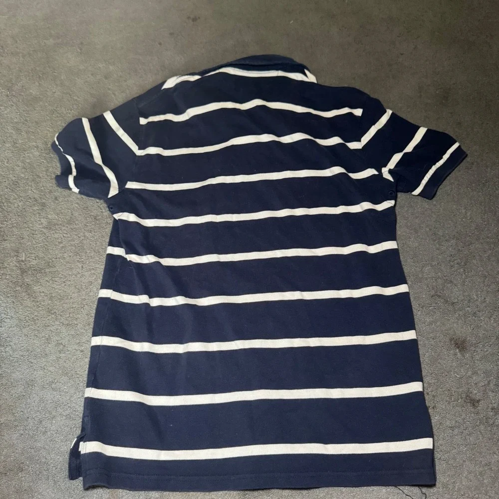 Polo Ralph Lauren Mens Medium Navy White Striped Pique Polo Shirt Yellow Pony